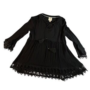 KNOX ROSE Black Eyelet Lace Trim Tassel Tie Boho Babydoll Small  whimsy goth